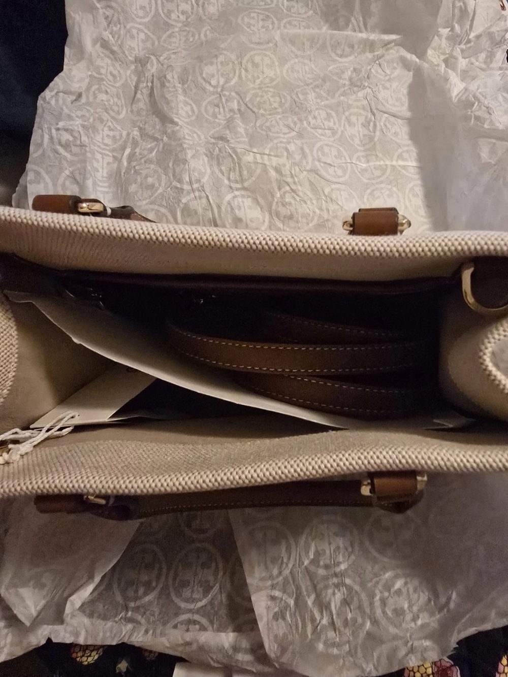 Tory Burch Blake Canvas Classic Cuoio Small Tote Natural & Tan Style 145356 New - Picture 7 of 11